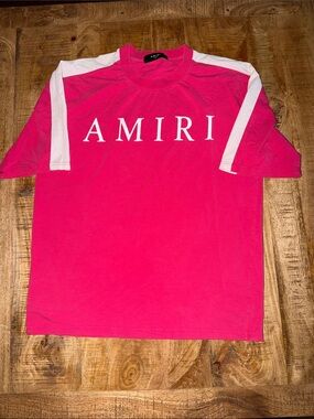 AMIRI Hot Pink Tee with White Shoulder Stripes